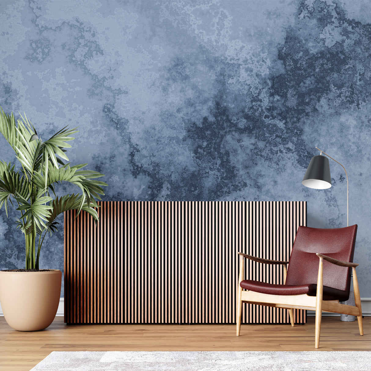 Abstract blue wallpaper bringing artistic flair to a contemporary home office space
