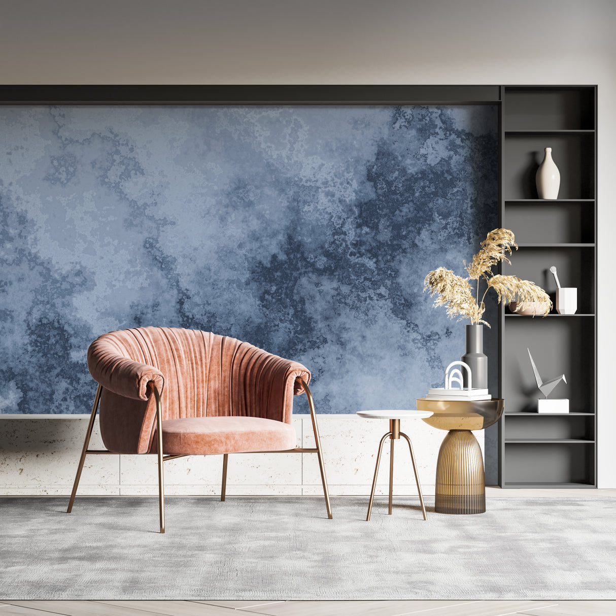 Watercolor wallpaper installation showing scale in an entrance hall setting