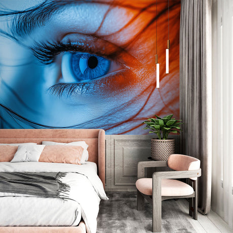 Abstract eye wallpaper creating a dramatic focal point in a modern minimalist living room with clean white furniture
