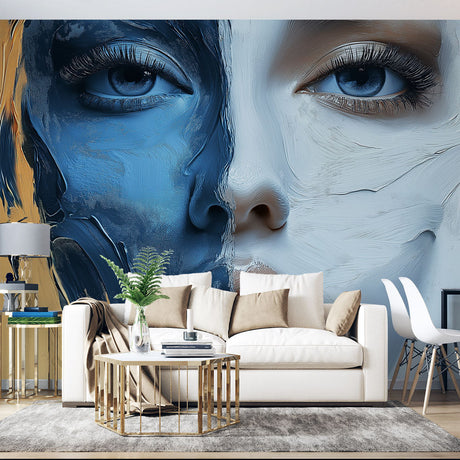 Abstract blue and white portrait mural wallpaper creating dramatic impact in modern living room setting