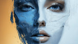 Blue and white abstract portrait wallpaper design file showing artistic brush strokes and texture details