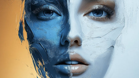 Blue and white abstract portrait wallpaper design file showing artistic brush strokes and texture details