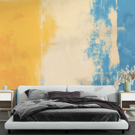 Abstract gradient wallpaper in modern living room showing blue and yellow color flow creating a peaceful atmosphere