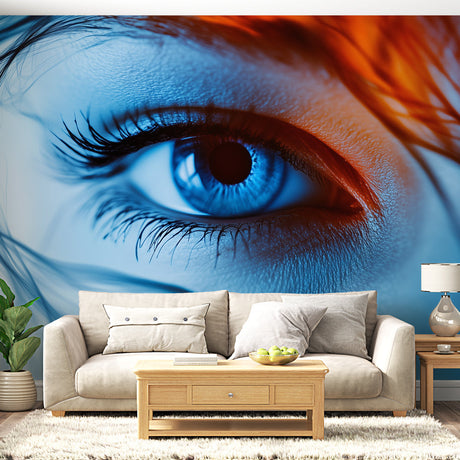 Abstract blue eye macro wallpaper creating dramatic impact in a modern minimalist living room with high ceilings