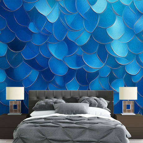 Modern blue metallic scale wallpaper creating depth in a minimalist living room with natural light