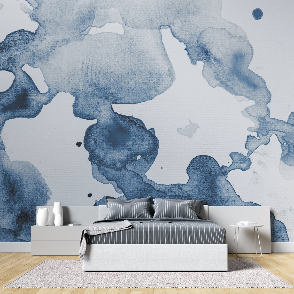 Watercolor wall mural in home office with contemporary furniture and blue accents