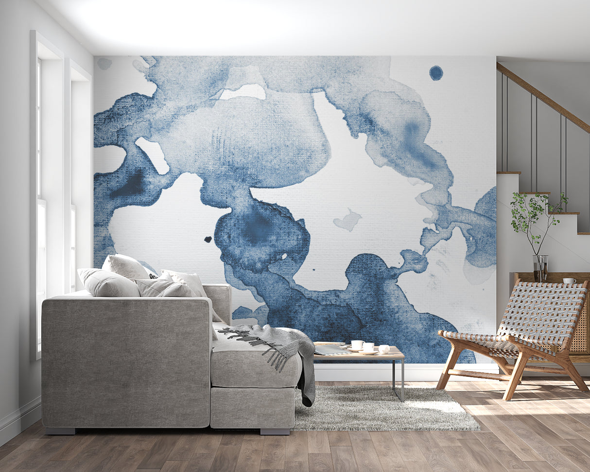 Blue abstract wallpaper in dining room with modern chandelier and wooden table