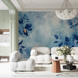 Modern dining room transformed with floating blue leaves wallpaper design