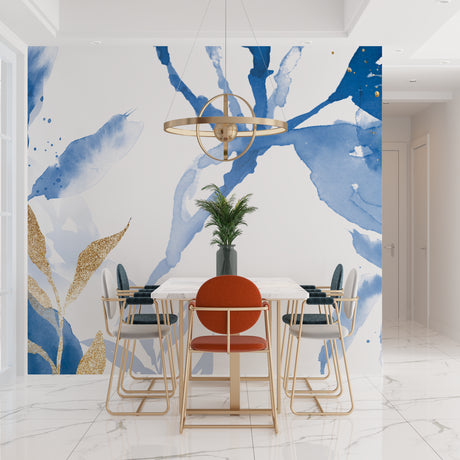 Blue and gold abstract wallpaper creating a modern statement wall in a bright living room setting