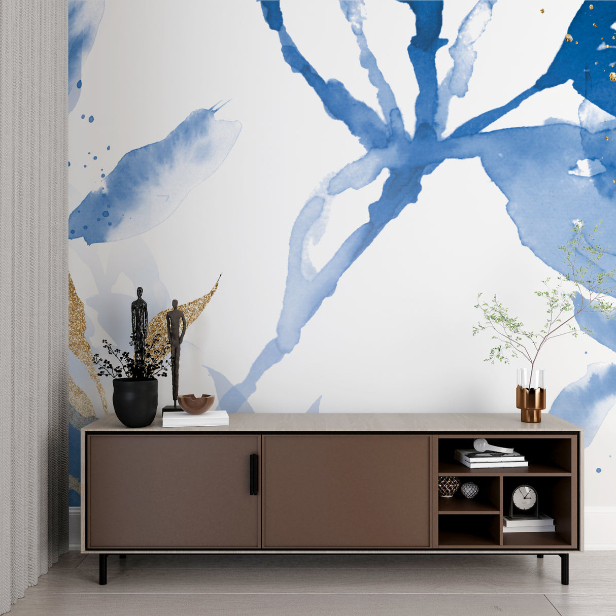 Abstract blue gold wallpaper showcased in a modern bedroom setting