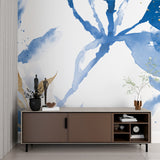 Abstract blue gold wallpaper showcased in a modern bedroom setting