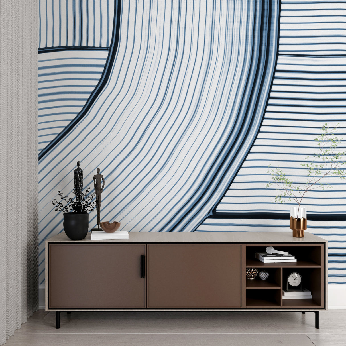 Abstract blue line wallpaper creating depth in a minimalist home office setting