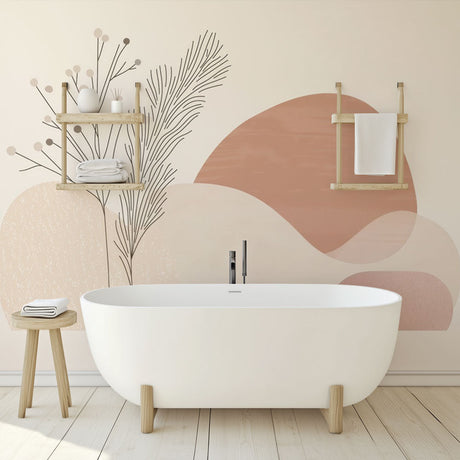 Abstract botanical wallpaper with terracotta shapes creating a calm atmosphere in a modern living room setting