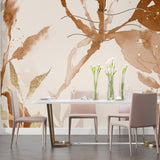 Brown and gold abstract wallpaper in modern living room with grey sofa and natural light