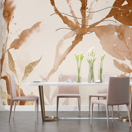 Brown and gold abstract wallpaper in modern living room with grey sofa and natural light