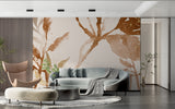 Brown and gold abstract wall mural in dining room with modern furniture