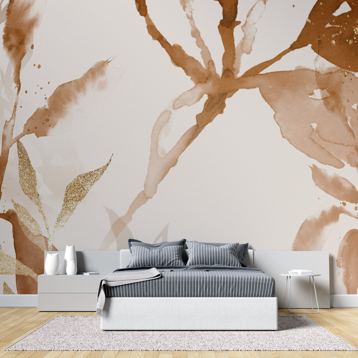 Watercolor wallpaper adding warmth to home office with wooden desk