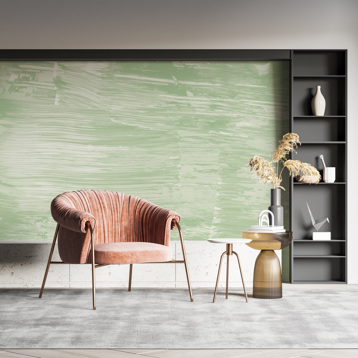 Green abstract wallpaper mural in modern living room with minimalist furniture and natural light