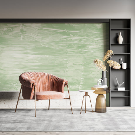 Green abstract wallpaper mural in modern living room with minimalist furniture and natural light