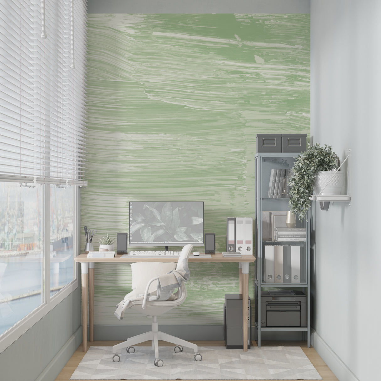 Abstract green wall mural in dining room with contemporary decor
