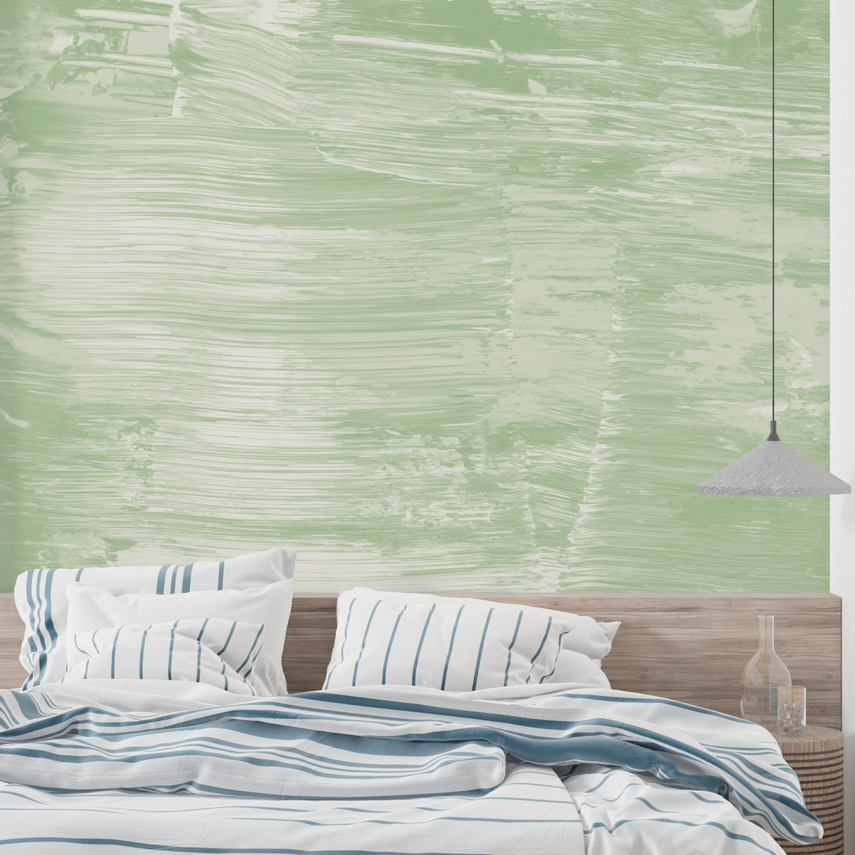 Green abstract mural in modern entrance hall with minimal styling
