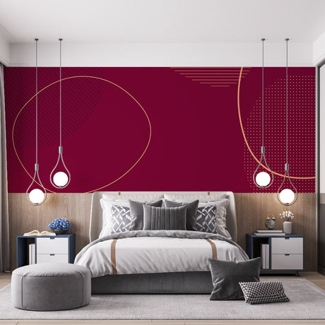 Burgundy and gold geometric wallpaper adding luxury to a modern living room with clean-lined furniture