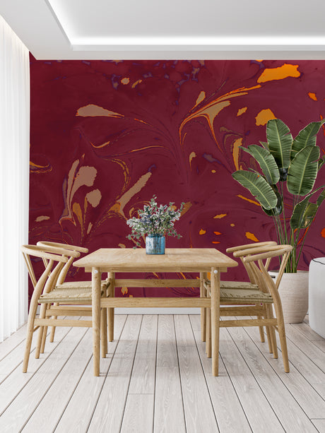 Burgundy and gold marble wallpaper creating a luxurious atmosphere in a modern living room setting