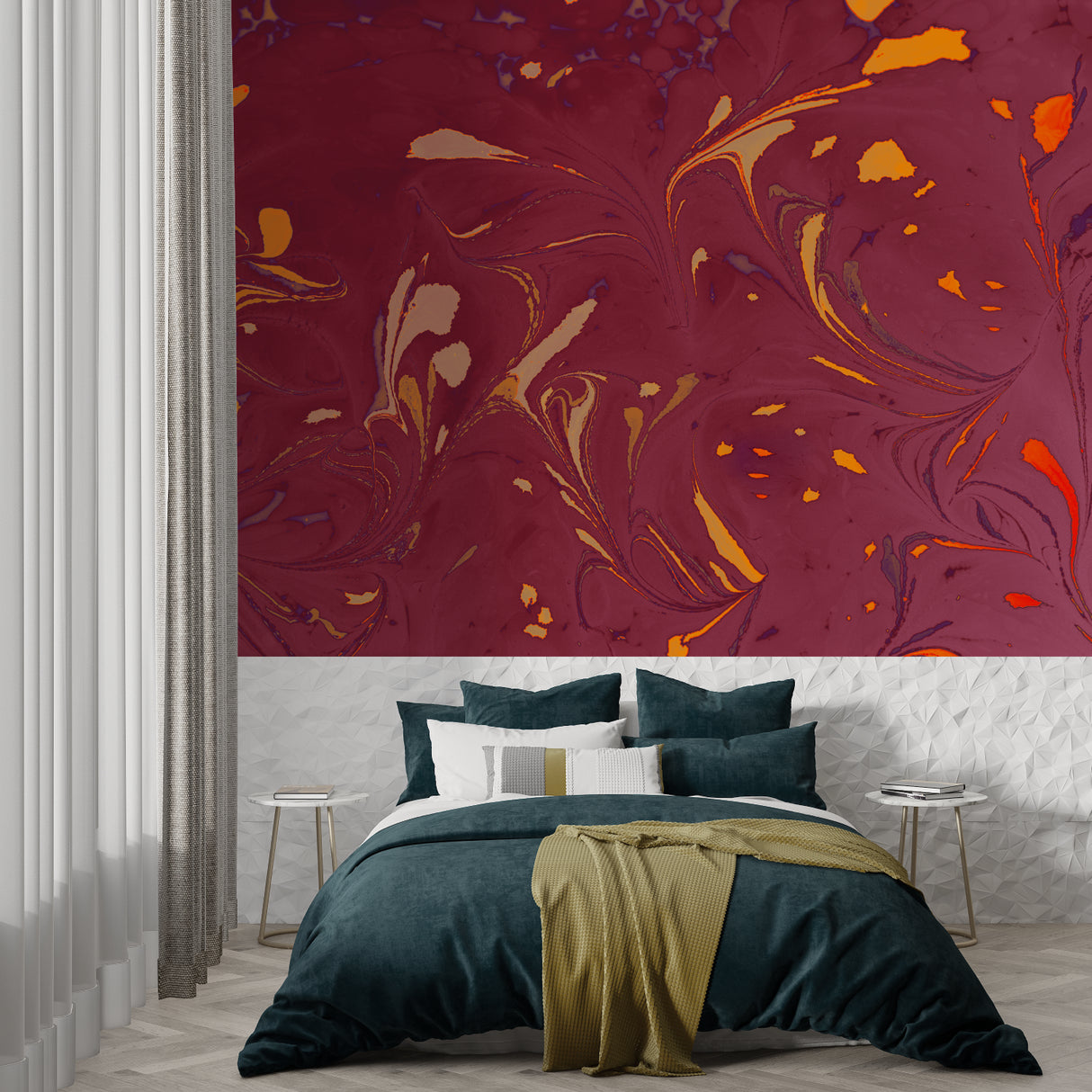 Burgundy marble effect wallpaper making a statement in a master bedroom