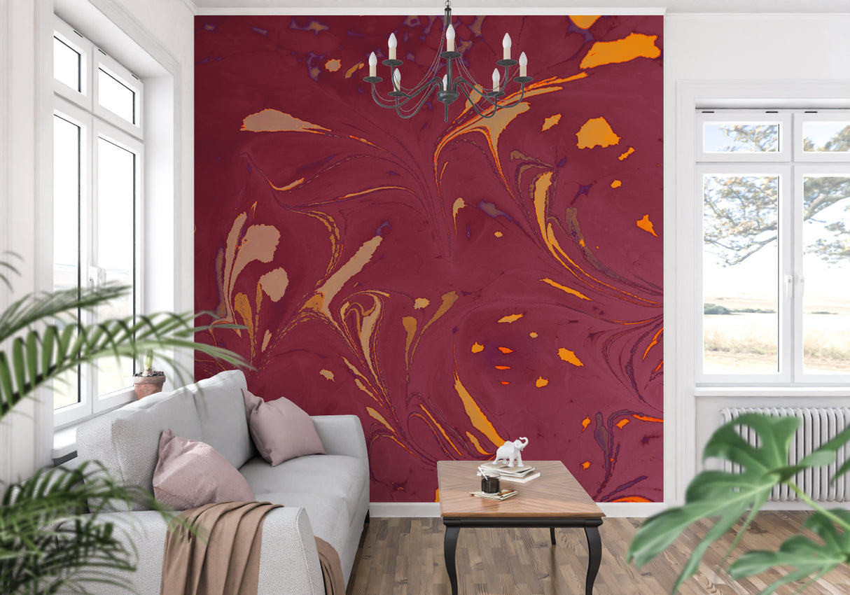 Gold and burgundy abstract wallpaper adding luxury to a home office space