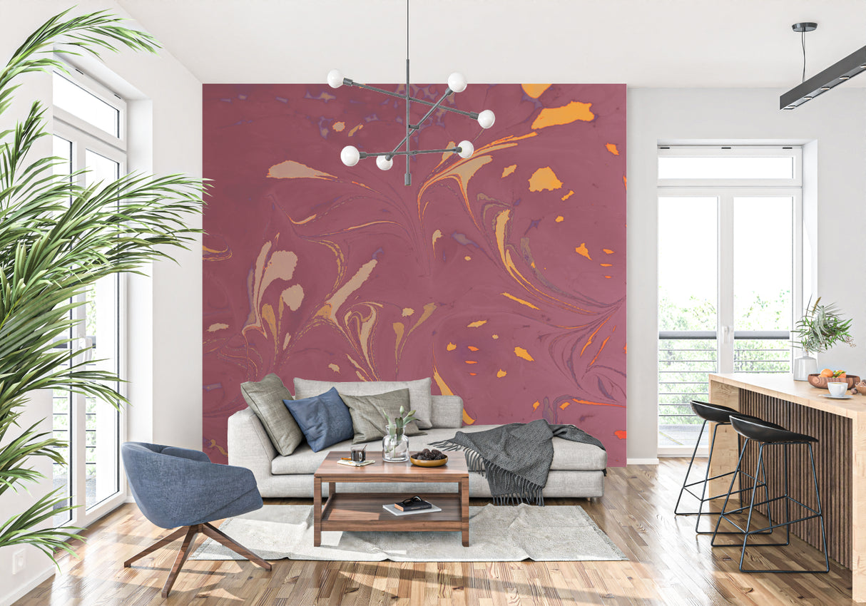 Marble effect wall mural transforming a modern hallway with deep burgundy tones