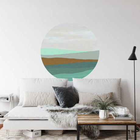 Abstract Coastal Wallpaper creating a serene atmosphere in a modern living room with natural light