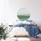 Circular Abstract Wallpaper bringing coastal vibes to a minimalist bedroom setting