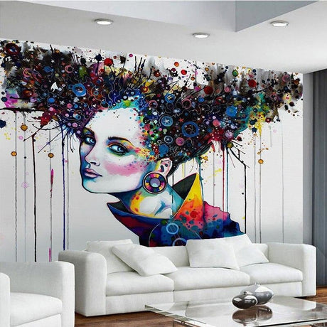 Abstract portrait wallpaper creating a bold statement in a modern living room with minimalist furniture