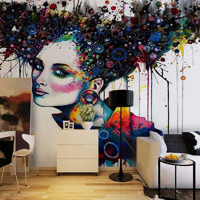 Colorful abstract portrait mural bringing life to a contemporary home office space