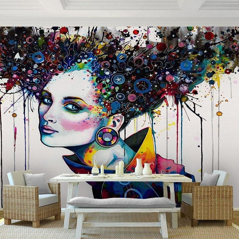 Modern art wallpaper installation showcasing vibrant portrait design in an art gallery setting