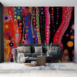 Abstract circle wallpaper creating a stunning focal point in modern living room with flowing cosmic pattern and bold colors