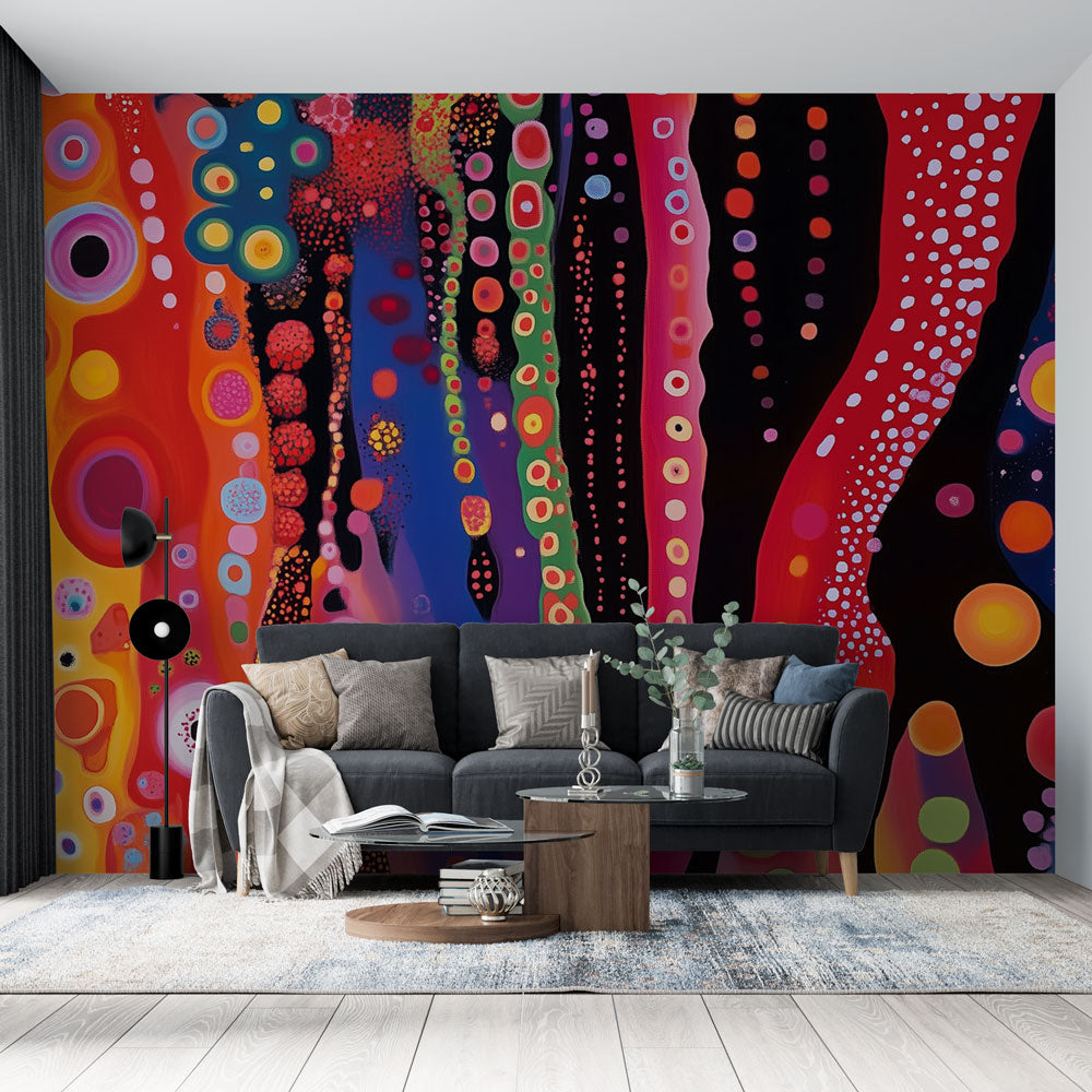 Abstract circle wallpaper creating a stunning focal point in modern living room with flowing cosmic pattern and bold colors
