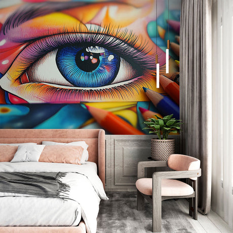 Street art eye mural wallpaper showcased in a modern living room with minimalist furniture and natural lighting