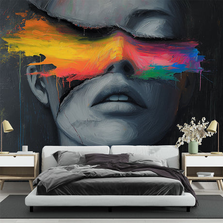 Abstract face art mural wallpaper displayed in modern living room, showing vibrant colors against neutral furniture