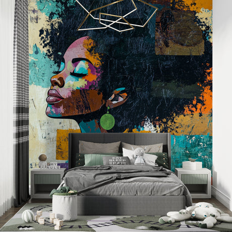 Abstract portrait wallpaper creating a stunning focal point in a modern living room with white furniture