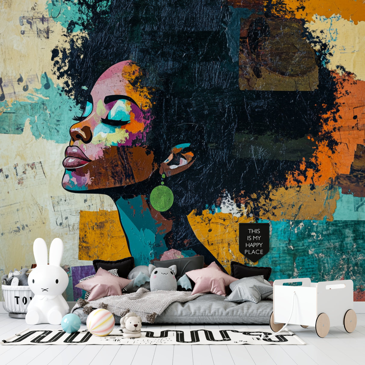 Colorful abstract portrait mural bringing artistic flair to a minimalist dining room setting