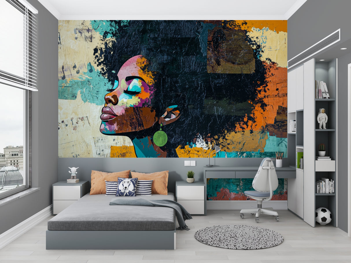 Contemporary portrait wall mural making a bold statement in a modern home office space