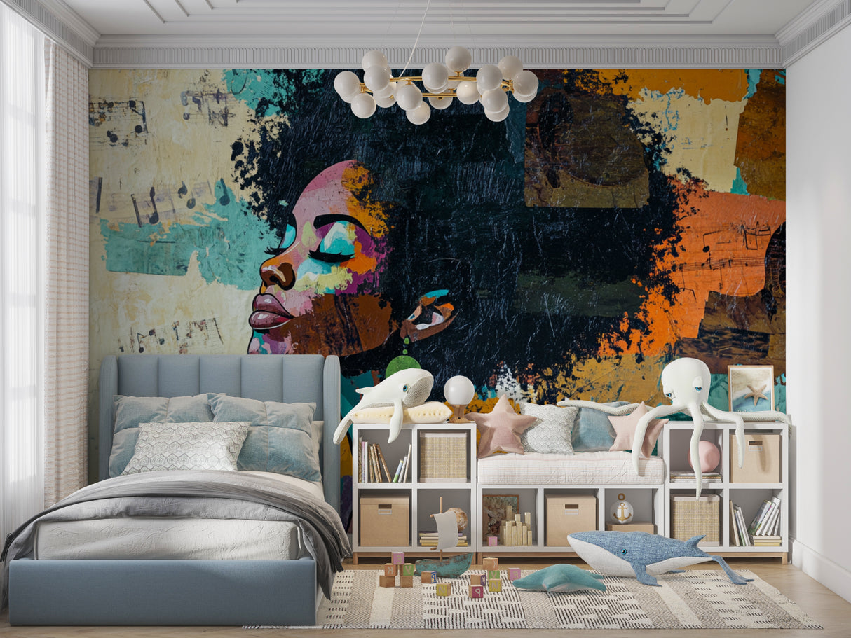 Abstract art wallpaper installation showcasing vibrant turquoise and orange tones in a gallery space