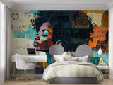 Modern portrait mural creating an artistic atmosphere in an urban loft bedroom