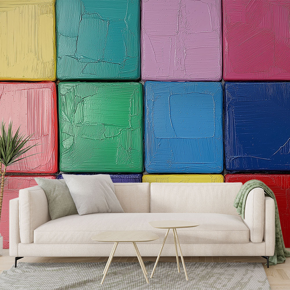Abstract geometric wallpaper with colorful squares creating depth in a modern living room with natural lighting