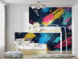 Modern abstract wallpaper with light bulbs bringing energy to a minimalist living room setting