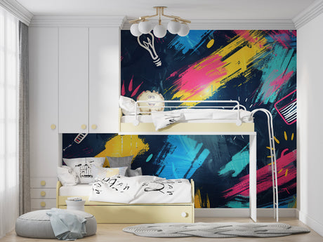 Modern abstract wallpaper with light bulbs bringing energy to a minimalist living room setting
