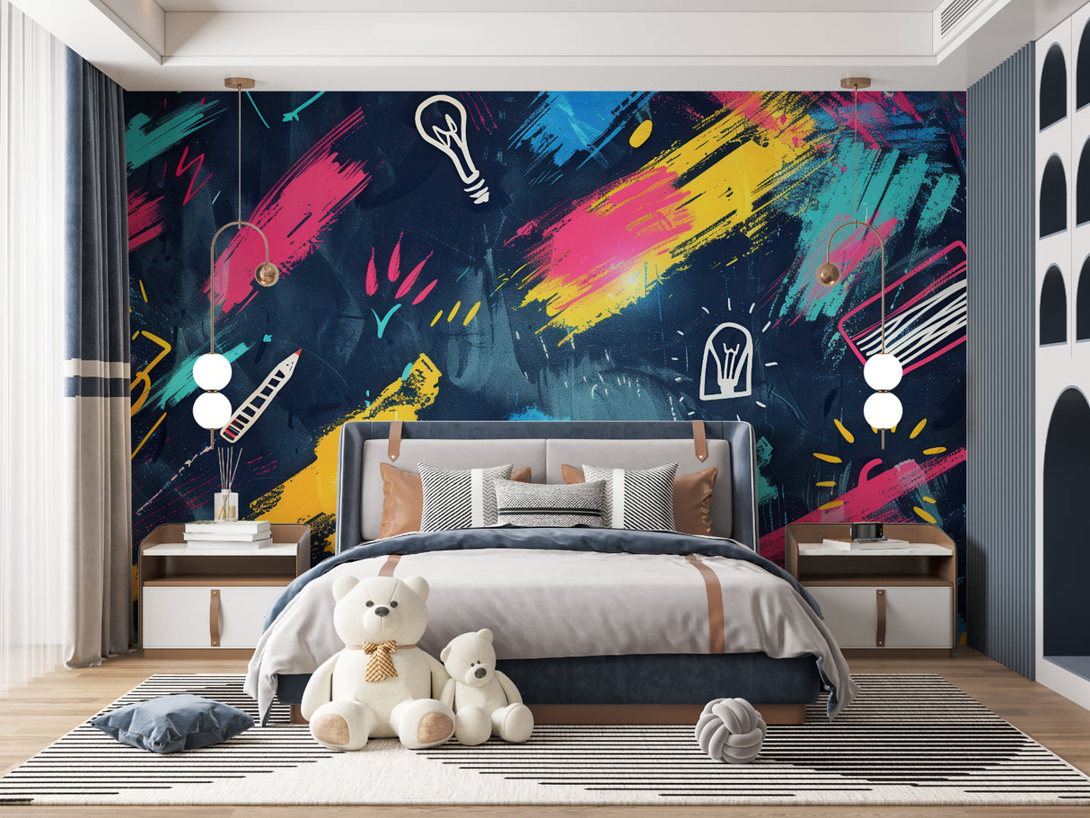 Urban art mural displayed in a teen bedroom showing vibrant colors and street art style