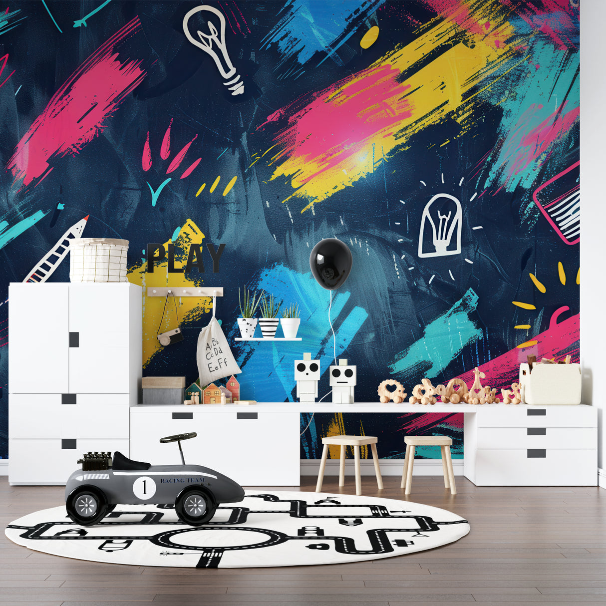 Contemporary abstract wall mural enhancing a creative home office space