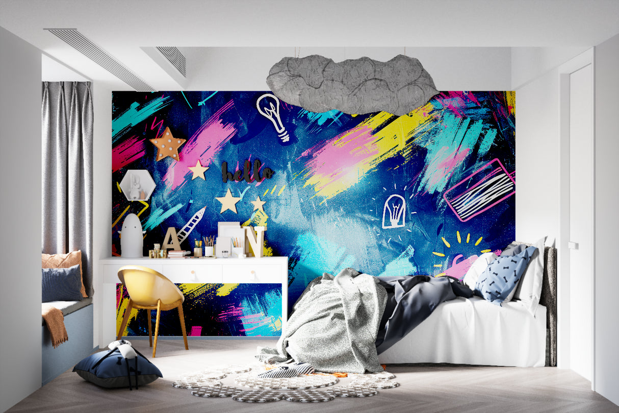 Abstract light bulb wallpaper creating atmosphere in a modern dining room